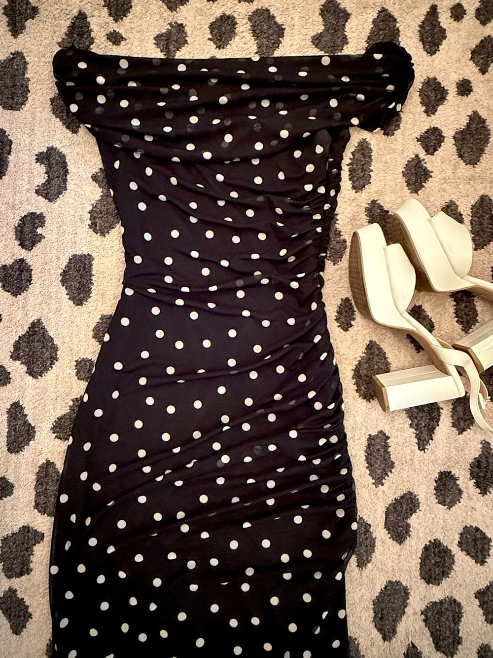Abercrombie & Fitch Mesh Maxi Polka Dot Off The Shoulder Dress